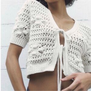 Zara cream ivory crochet tie-front knit cottage boho sweater cardigan Size M